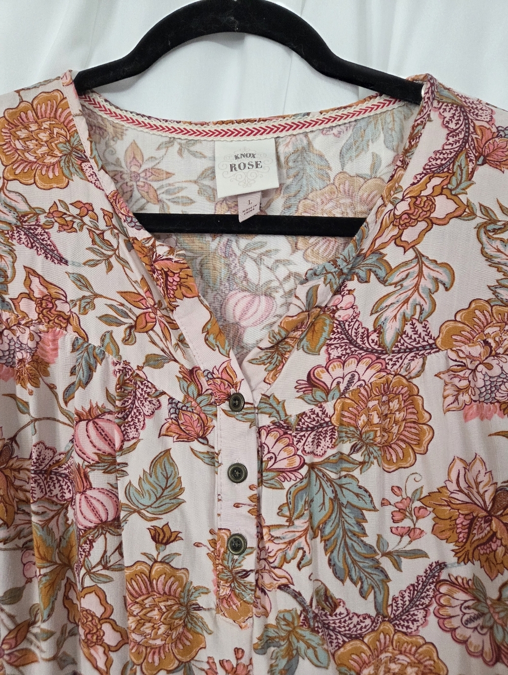 Knox Rose Pink/Blue/ Orange Floral Henley Blouse Relax Fit Top Size L - Picture 2 of 7